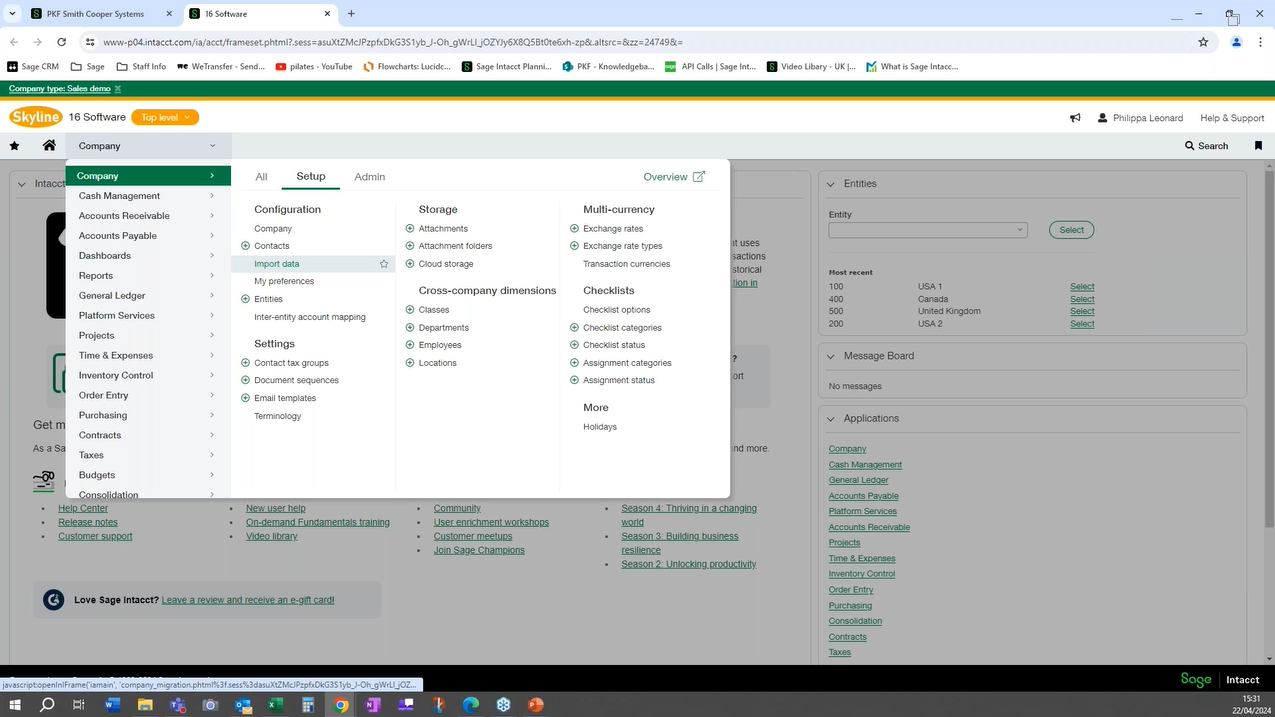 A screenshot of Sage Intacct.