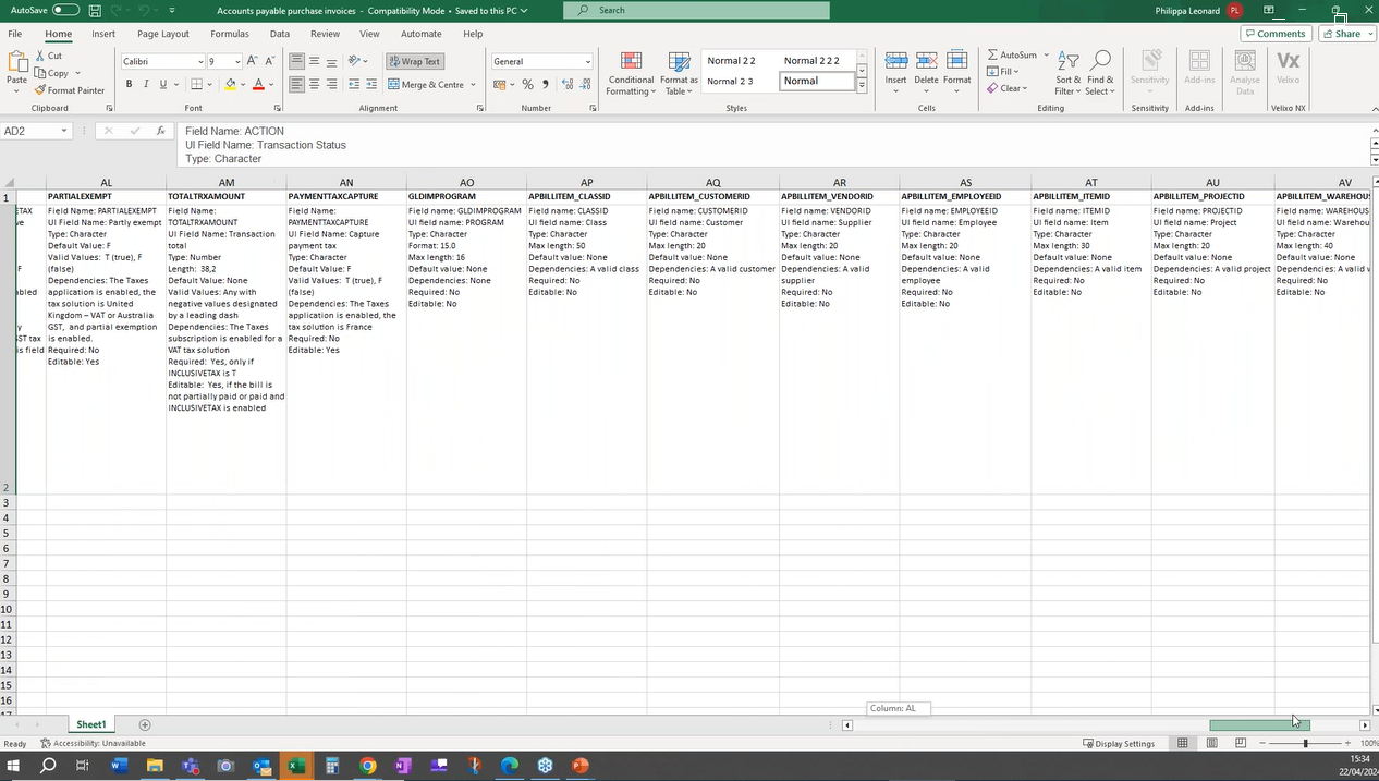 A screenshot of data from Sage Intacct, having been imported into Excel.