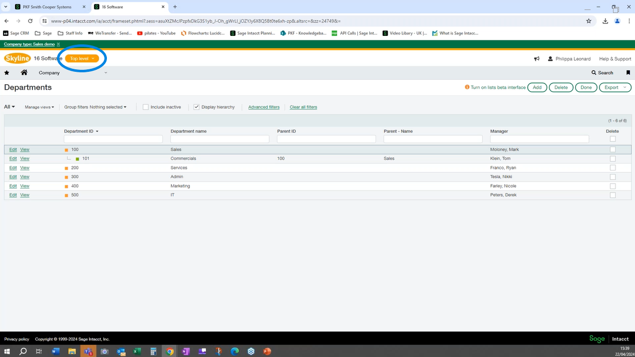 A screenshot of Sage Intacct.