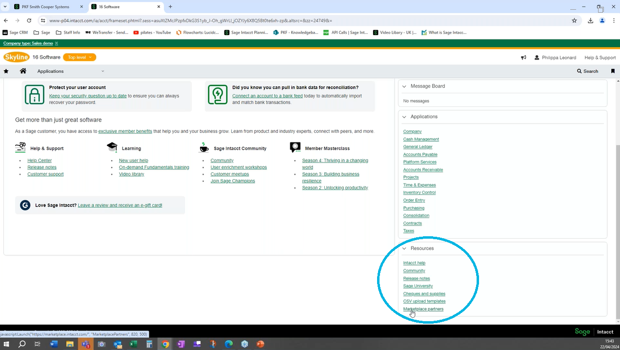 A screenshot of Sage Intacct, with the Marketplace Partners button circled.