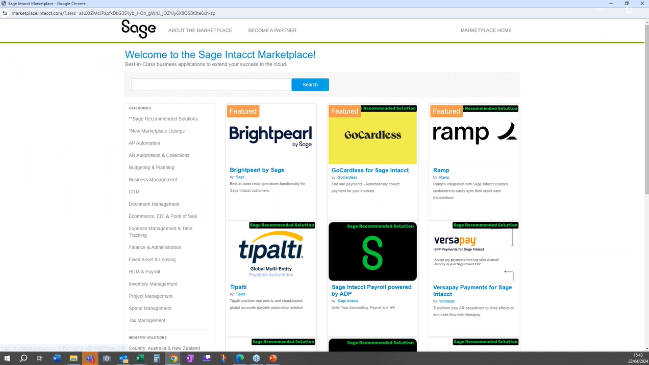 A screenshot of the Sage Intacct Marketplace.