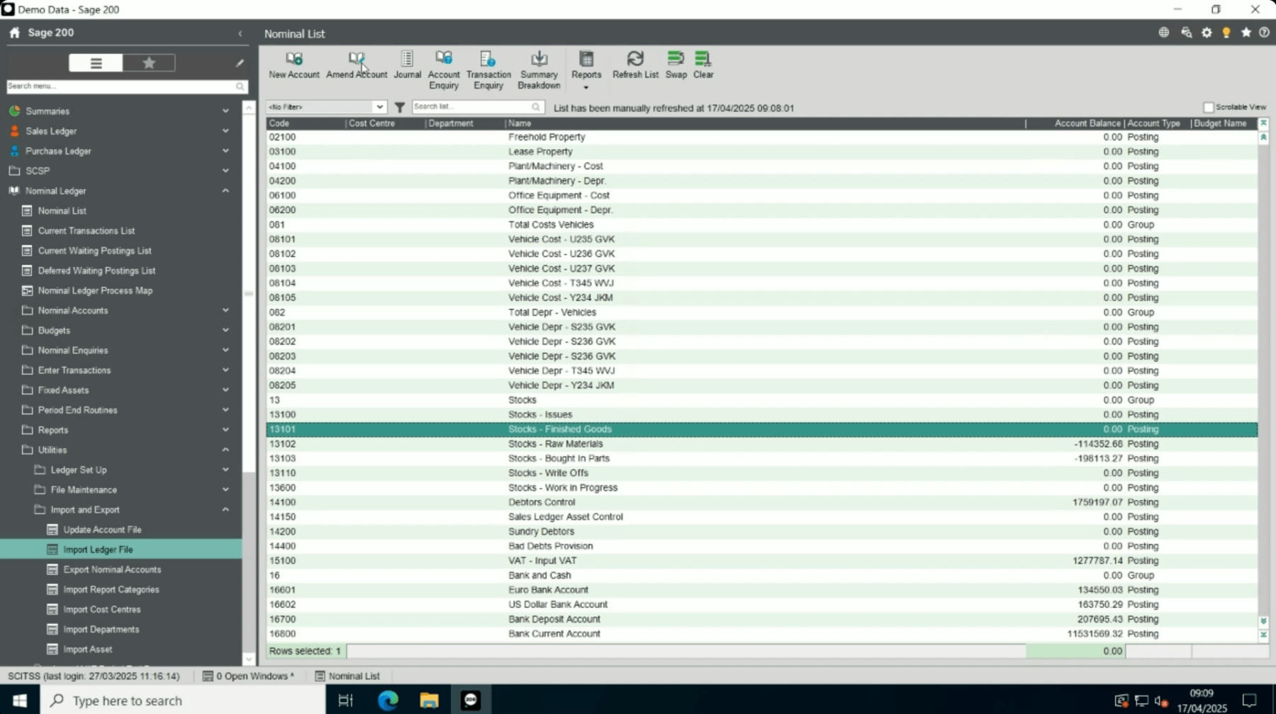 Amend Nominal Code in Sage 200