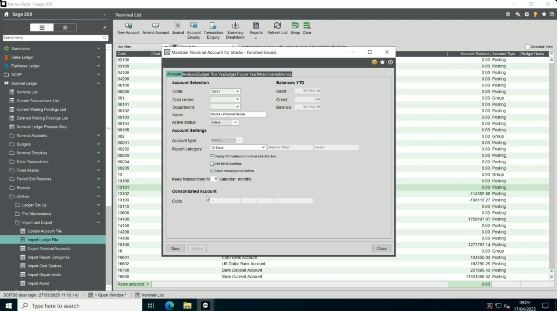 Sage 200 Display Account Balance in Nominal List