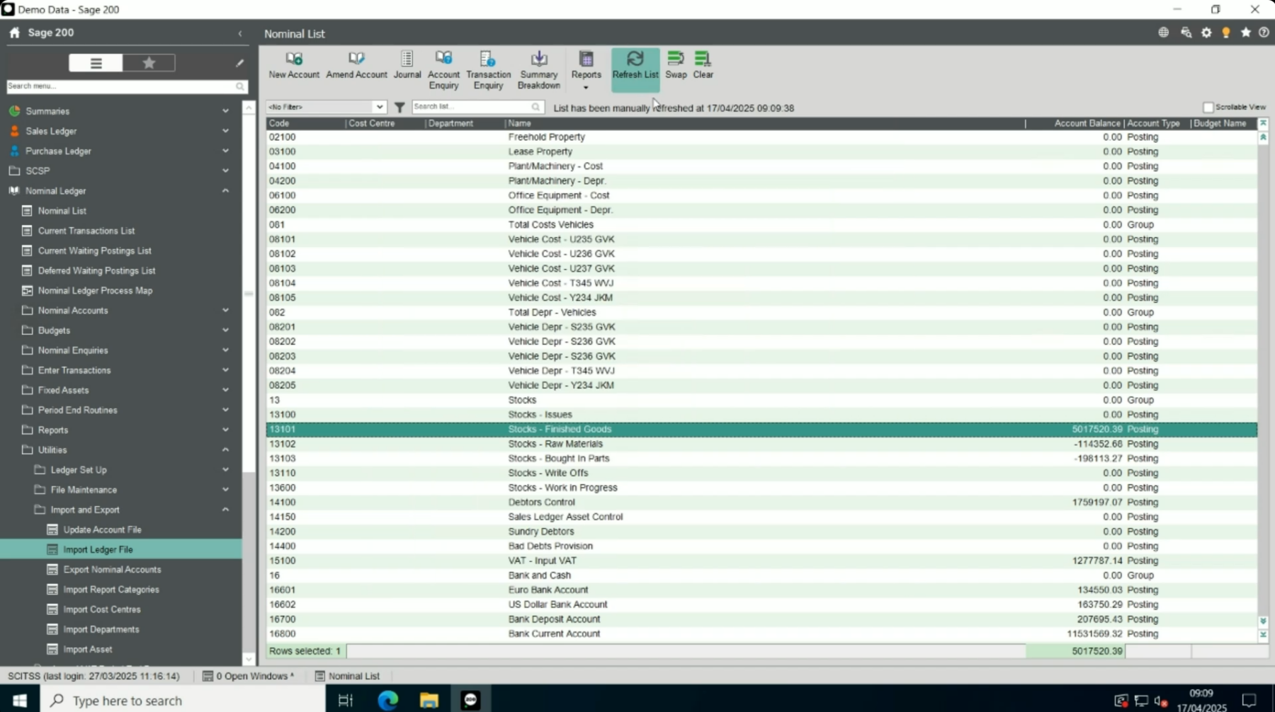 Sage 200 Refresh Nominal List to Show Balance