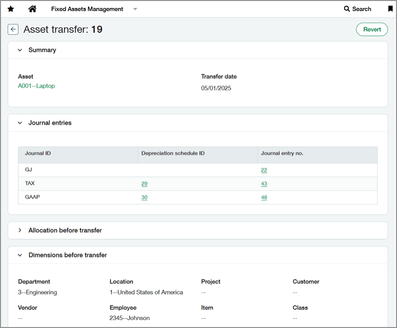 Sage Intacct transfer assets