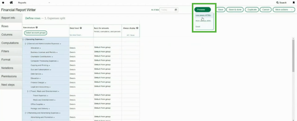 Preview report in Sage Intacct