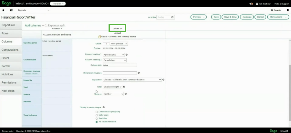 Sage Intacct report columns
