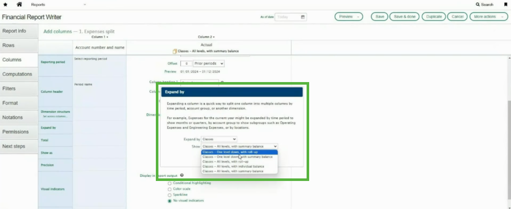 Sage Intacct Financial Report Expand by Field