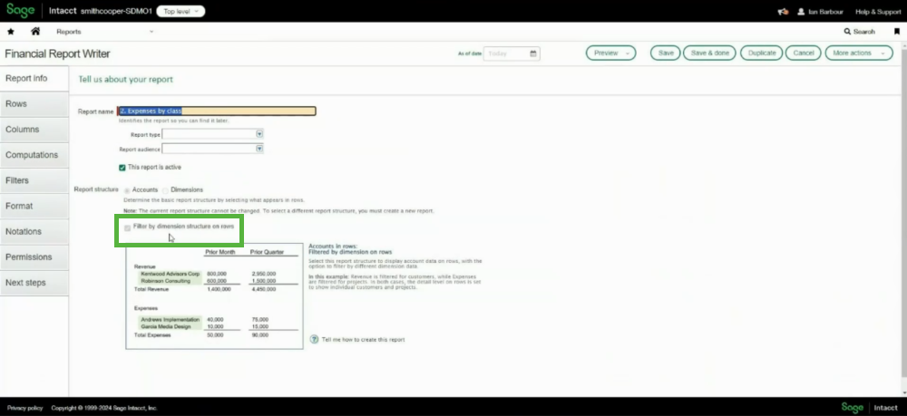 Filter by dimension structure report