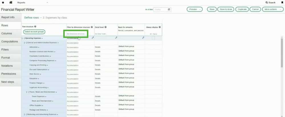 Filtering a report by dimension structure in Sage Intacct