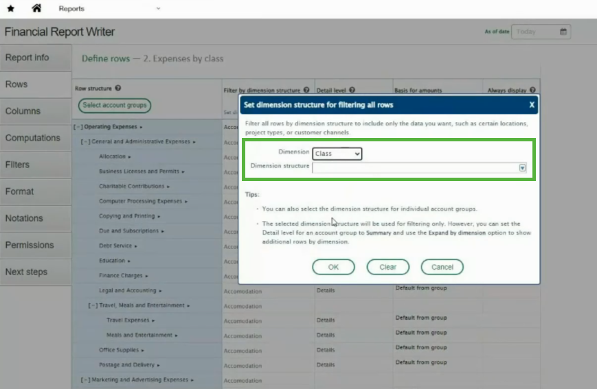 Set dimension structure for filtering all rows