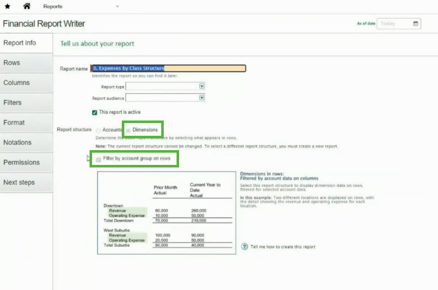 Editing a dimension based report