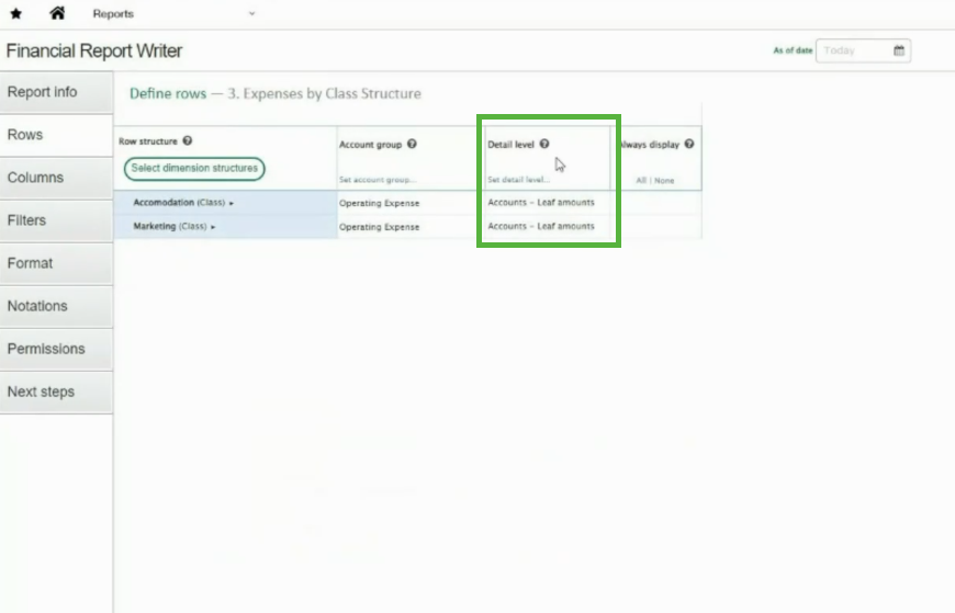 Reporting on selected dimension structures