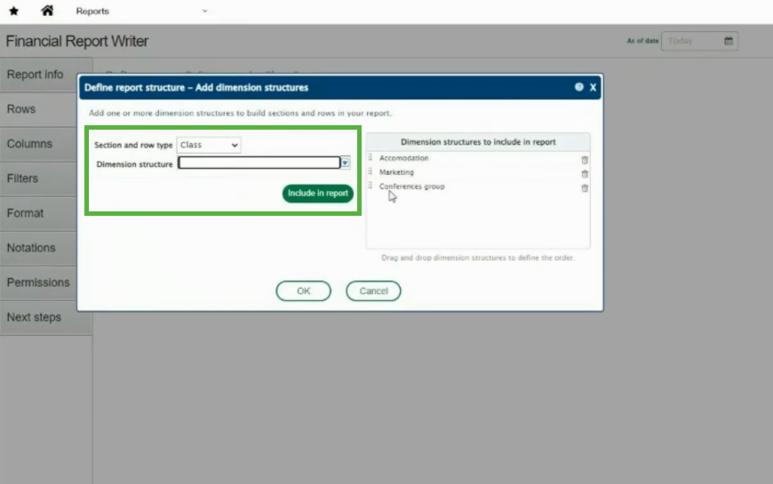 Adding and removing dimension structures in reports
