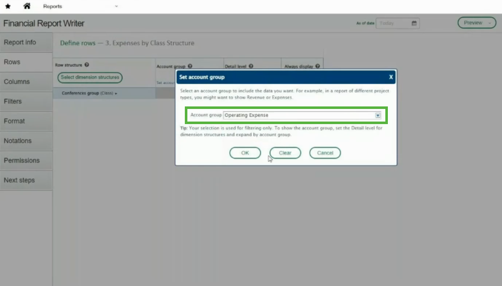 Select account group for report