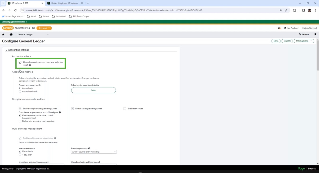 Ticking box allow changes to account numbers, including length