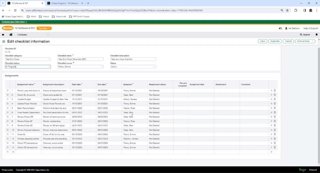 Viewing the checklist settings