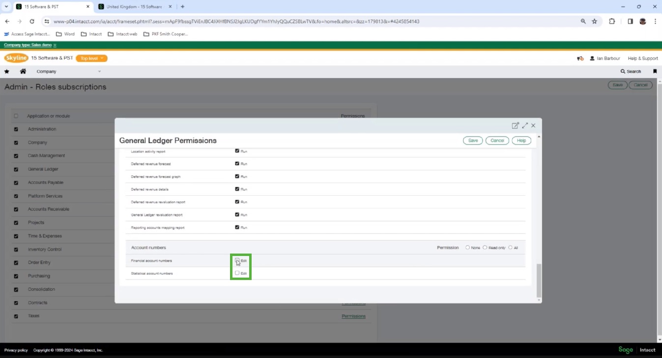 Giving permission to edit account numbers in Sage Intacct