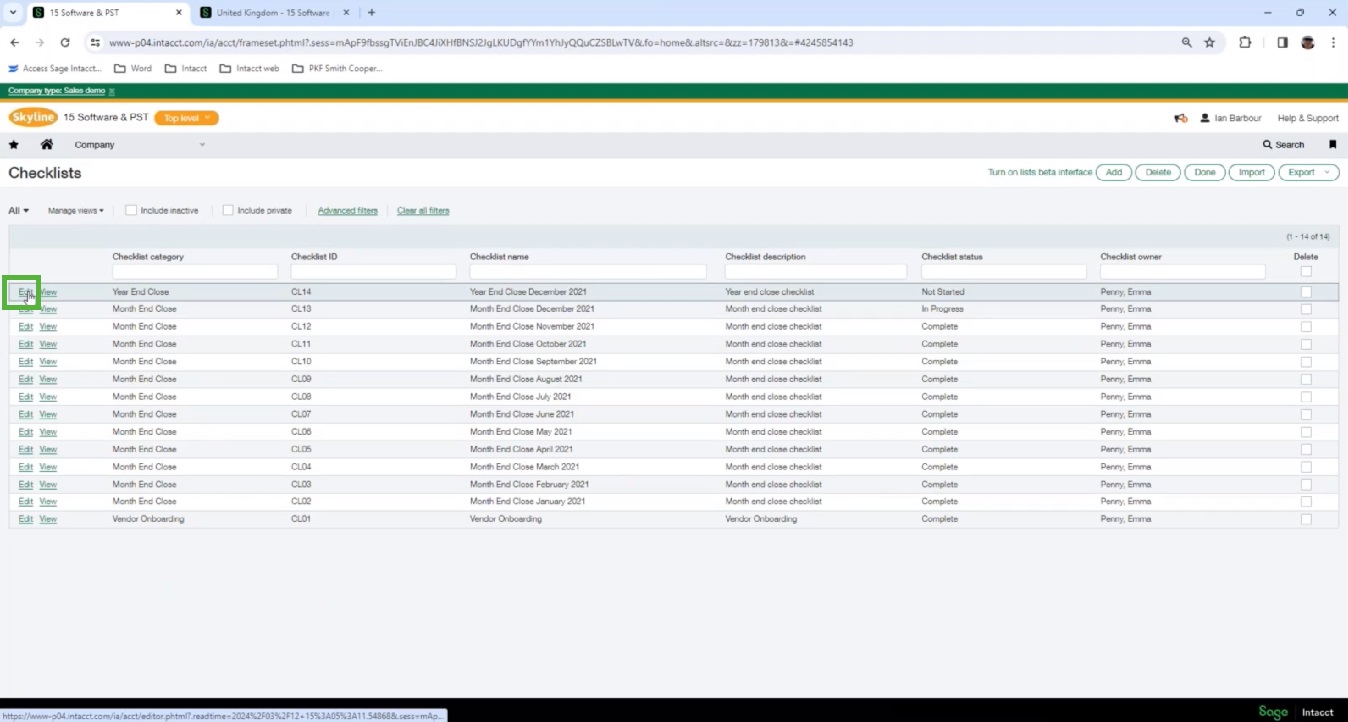 Clicking edit on a checklist